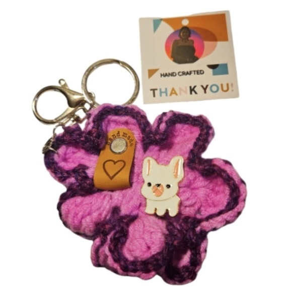 Handmade Crochet Floral Key chain Purple Dog Enamel Pin White Frenchie Puppy Pin - Picture 6 of 17